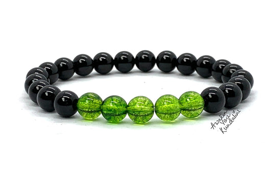 Peridot and Black Tourmaline Stretch Bracelet - August Birthstone for Leo and Virgo - Heart Chakra Association
