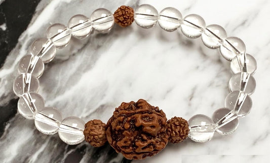 AWAKEN YOUR KUNDALINI Crystal Quartz and 5 Mukhi Rudraksha Stretch Bracelet, Crown Chakra Healing, Clarity and Spiritual Growth