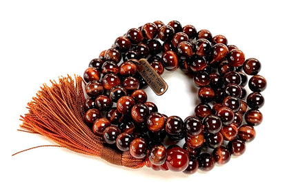 AWAKEN YOUR KUNDALINI Red Tiger's Eye Tiger Eye Beaded Mala Necklace - 8mm 108 Prayer Beads Rosary - Power, Authority, Boost Libido, Vitality