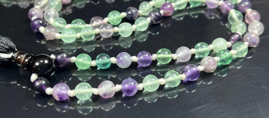 Embrace Balance: Hand-Knotted 6mm Rainbow Fluorite Mala Beads Necklace, Pisces Birthstone, Libra Astrological Sign, Heart and Third Eye Chakra