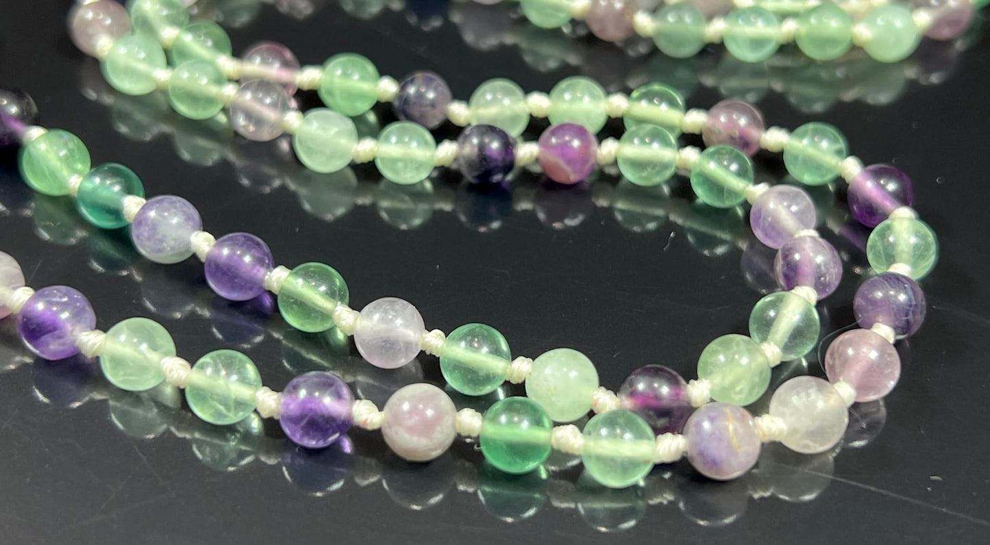 Embrace Balance: Hand-Knotted 6mm Rainbow Fluorite Mala Beads Necklace, Pisces Birthstone, Libra Astrological Sign, Heart and Third Eye Chakra