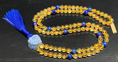 SolSky | Handmade Wisdom Necklace – Natural Citrine & Lapis Lazuli Mala Beads | 8mm 108 Beads | Solar Plexus & Throat Chakras | November & September Birthstones | Ethically Sourced