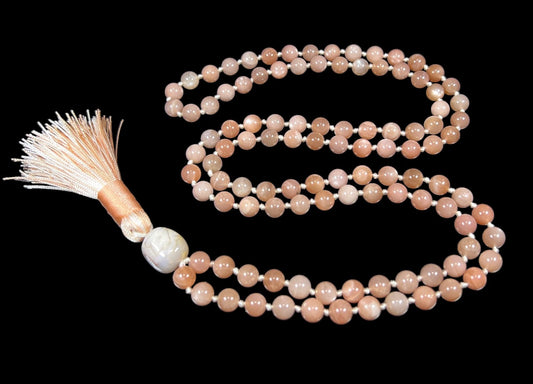 Hand Knotted Peach Moonstone Mala Necklace – Emotional Healing & Divine Feminine Energy | Sacral Chakra | VESTA Collection