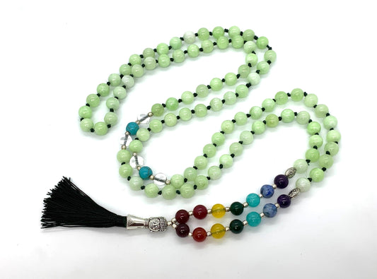Energized 7 Chakra mala beads Hand Knotted 108 beads necklaces - Japa - Buddhist prayer beads - Meditation - Healing crystals for men women (Fluorescent Green Jade Heart chakra mala)