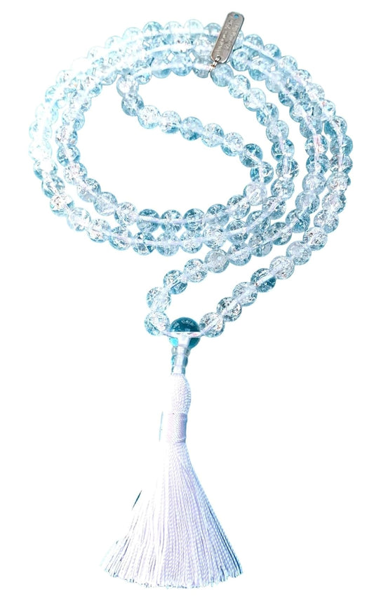 Himalayan Ice Crystal Quartz Mala Necklace: All Zodiac Signs - Clarity & Amplification - Crown Chakra (8mm 108 Beads)