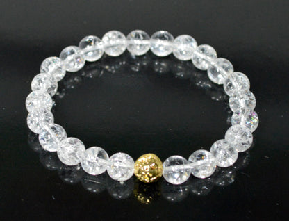 Himalayan Ice Crystal Quartz and Lava Beads Stretch Bracelet – Multi Tone Finish – Aries Birthstone – Universal Sun Sign - Crown Chakra Energy Bracelet