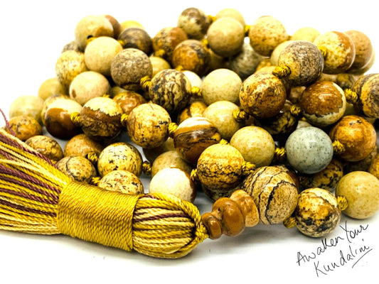 Hand-Knotted Picture Jasper Mala Beads Necklace – 8mm 108 Beads – Root Chakra & Virgo Birthstone – Meditation Jewelry