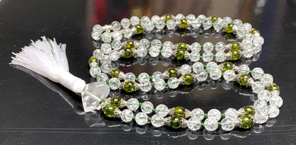 Himalayan Nirvana Mala Beaded Necklace – 8mm Ice Quartz & Peridot Beads | 8mm 108 Beads | Crown & Heart Chakras | August Birthstone Energy | Ethically Sourced