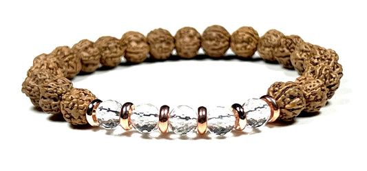 5 Mukhi Chikna Rudraksha Bracelet with Crystal Quartz | Stretch Beads for Balance & Clarity