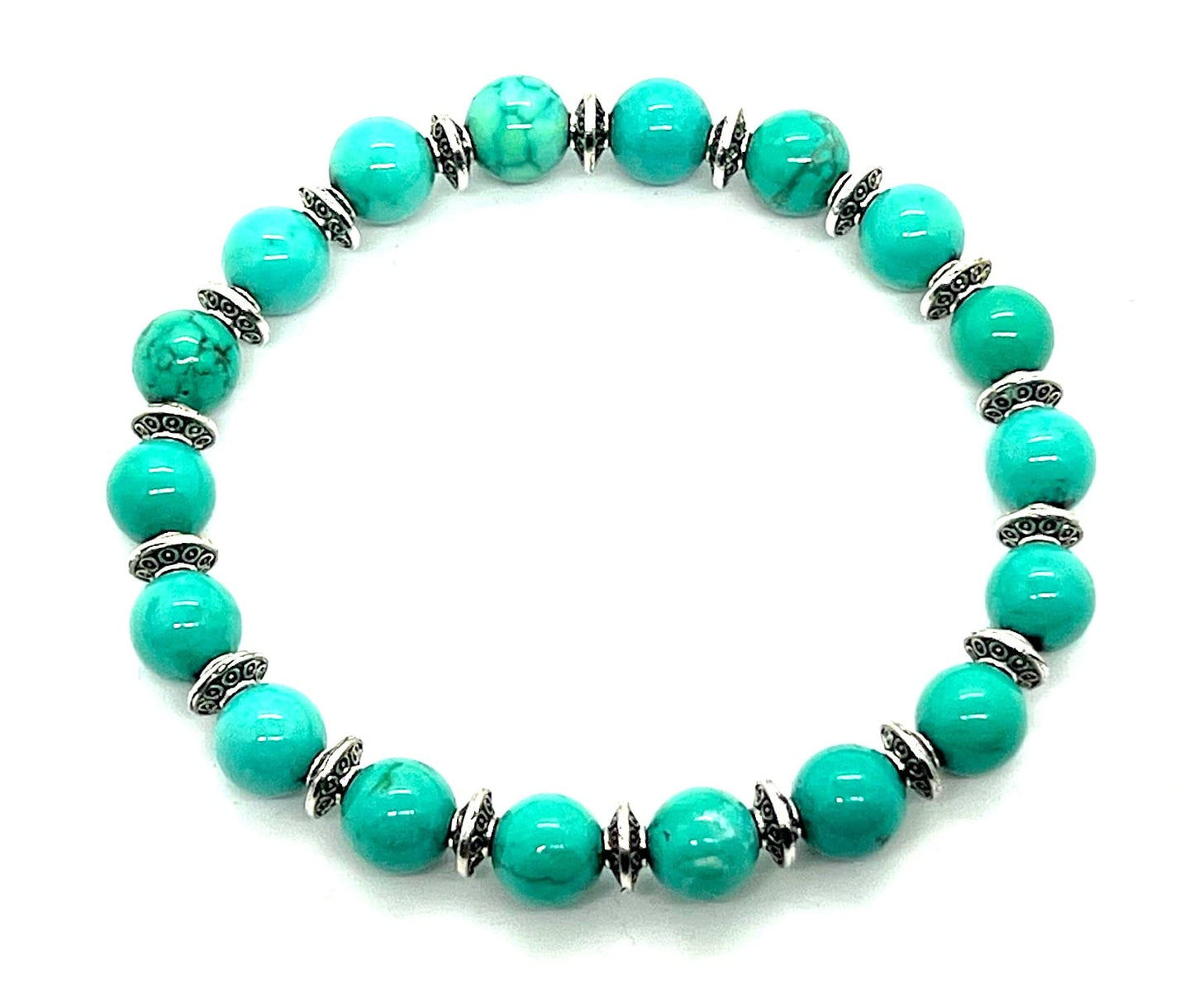 Handmade Turquoise Stretch Bracelet (8mm Beads, Silver Spacers) - Sagittarius Birthstone, Zodiac Sign, and Throat Chakra - Wrist Size Approx. 7 Inches