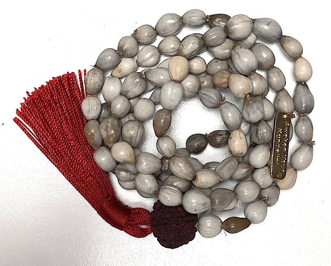 Vijayanti Vaijayanti mala beads necklace - Victory Mala 108 prayer beads for Laxmi Lakshmi Vishnu Krishna pooja puja - 5 mukhi (5 face) Rudraksha Rudraksh Guru bead - Awaken - w/Velvet Rosary pouch