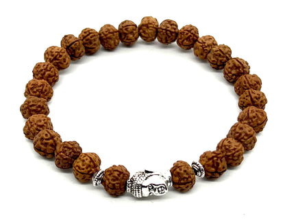 Cultivate Inner Peace: Handmade 5 Mukhi Rudraksha & Buddha Head Bracelet (8mm) - Root Chakra Balance & Universal Birthstone