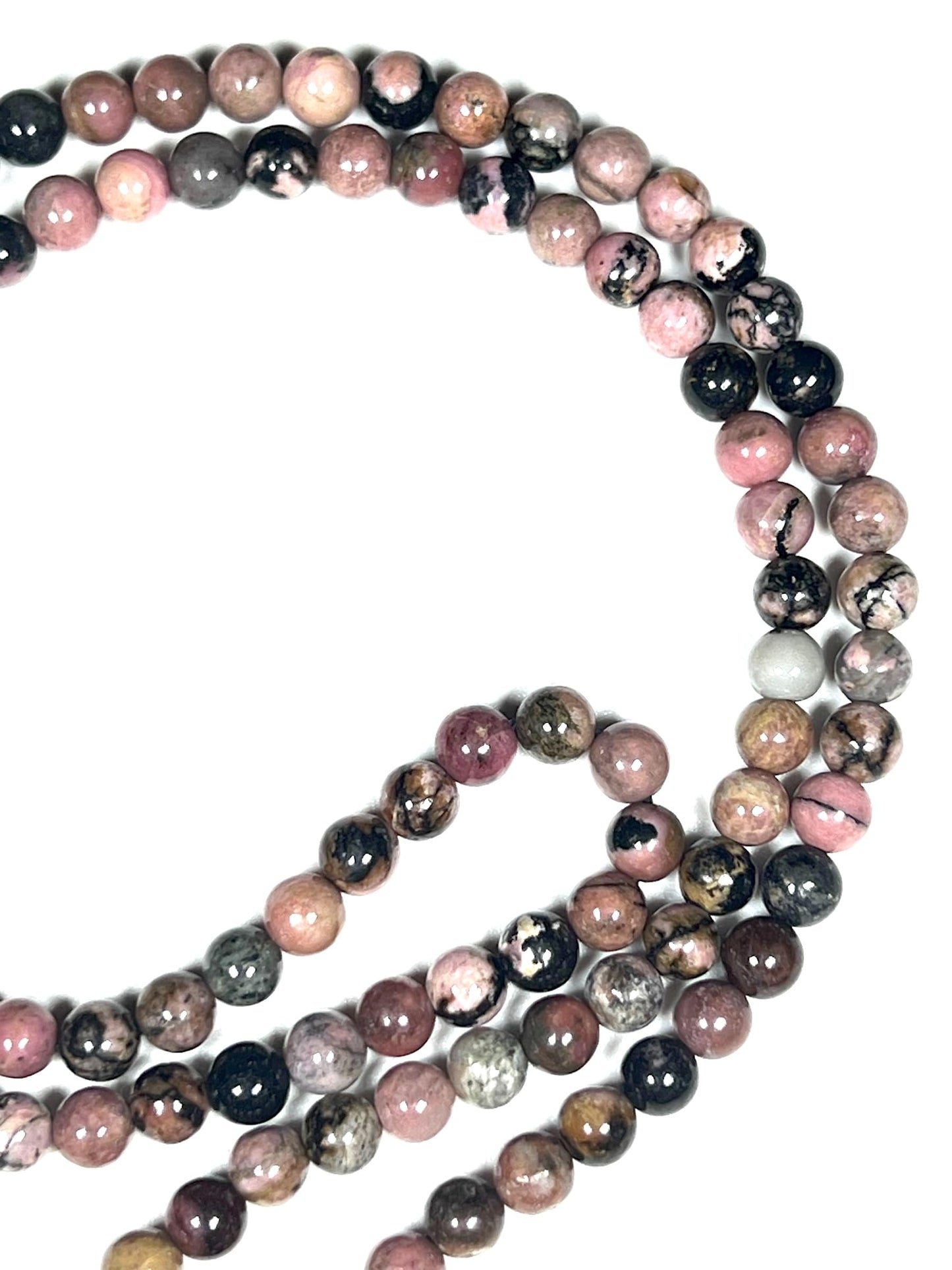 Rhodonite Mala Beads Necklace with Black Onyx Guru Bead – 108 Beads – 6mm & 8mm – Heart Chakra & Gemini Birthstone – Meditation Jewelry