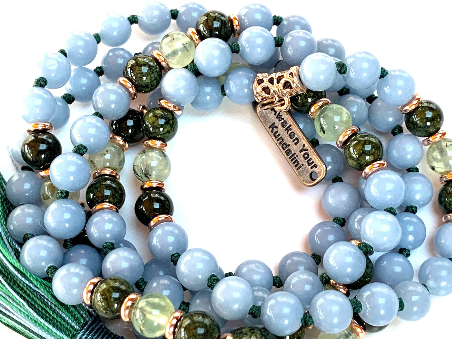Hand-Knotted Angelite, Tourmaline, Prehnite & Green Jade Mala Beads Necklace | 8mm 108 Beads | Universal Birthstone | Heart & Throat Chakra