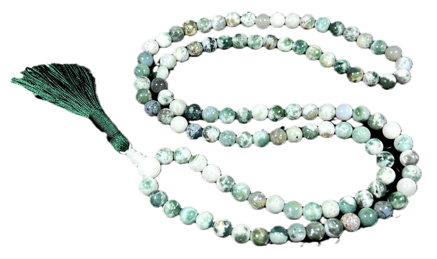 Handmade Green Tree Agate Mala Beads Necklace | 8mm 108 Beads | Hand-Knotted Spiritual Jewelry | Birthstone & Chakra Energy