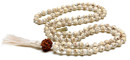 AWAKEN YOUR KUNDALINI Tulsi Rudraksha Mala Necklace - 8mm 108 Prayer Beads Rosary - Spiritual Harmony - White String