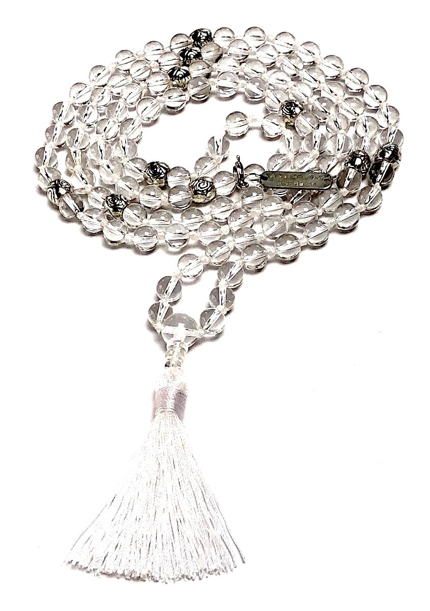 Hand-knotted Crystal Quartz Mala Necklace, 8mm 108 Beads - Embrace Clarity, Healing and Positive Energy, Aligns with All Zodiac Sun Signs and Crown Chakra