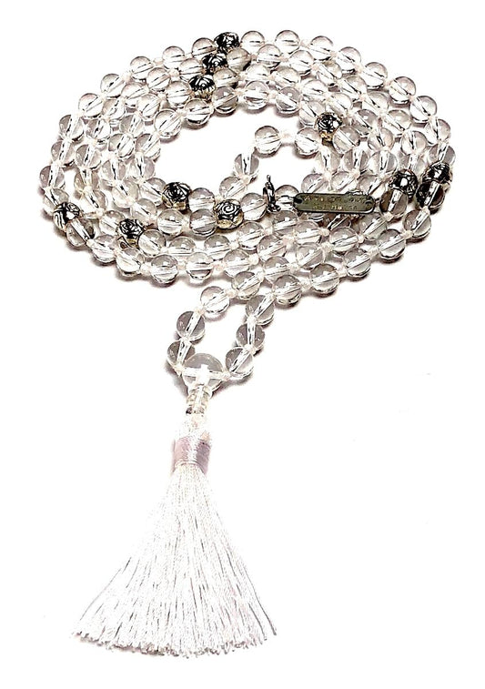 Hand-knotted Crystal Quartz Mala Necklace, 8mm 108 Beads - Embrace Clarity, Healing and Positive Energy, Aligns with All Zodiac Sun Signs and Crown Chakra