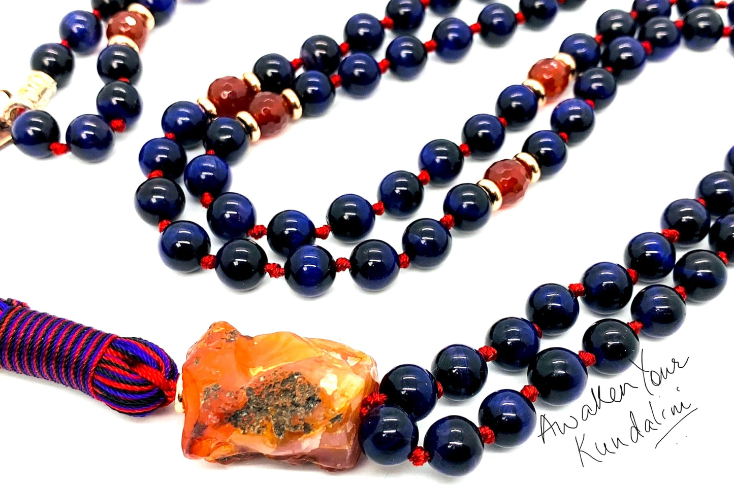 Hand Knotted Royal Vision Mala – Purple Tiger’s Eye with Faceted Carnelian Markers | 8mm 108 Beads | Third Eye & Sacral Chakras | July Birthstone Energy | Ethically Sourced