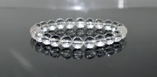 Diamond Cut Crystal Quartz Stretch Bracelet – 6mm & 8mm – April Birthstone for Aries and Taurus Zodiac Sun Sign – Crown Chakra Energy Bracelet