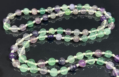 Embrace Balance: Hand-Knotted 6mm Rainbow Fluorite Mala Beads Necklace, Pisces Birthstone, Libra Astrological Sign, Heart and Third Eye Chakra