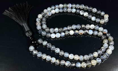 Handmade Black Dragon Vein Agate Mala Beads Necklace | 8mm 108 Beads | Spiritual Jewelry | Birthstone & Chakra Energy