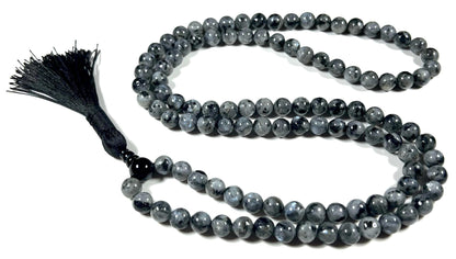 Handmade Larvikite Mala Beads Necklace | Iridescent Blue & Silver Flashes | 8mm 108 Beads | Hand-Knotted Nordic Protection Stone | Birthstone & Root Chakra Energy
