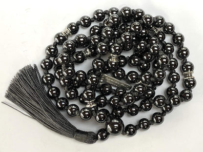 FEROX Hematite Mala Necklace | 108 Hand-Knotted 8mm Beads for Grounding, Focus & Protection | Root Chakra Healing | Aries Birthstone | Handmade in USA