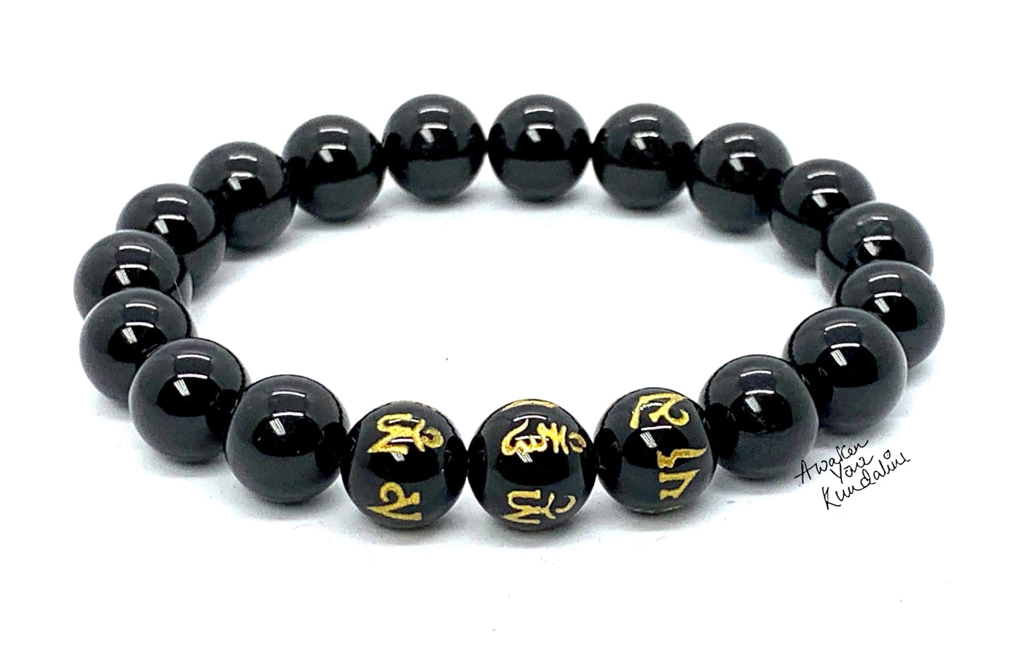 Black Obsidian Buddhist Prayer Beads Stretch Bracelet - Om Mani Padme Hum Mantra Engraved on 3 Center Beads - Scorpio Birthstone for October November - Root Chakra