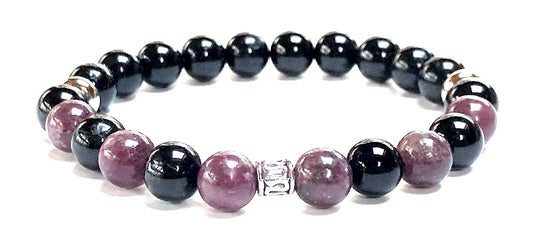 VESTA Black Tourmaline & Lepidolite Stretch Bracelet | Grounding & Emotional Balance | Root & Crown Chakra Healing | Handmade Crystal Jewelry | Unisex 8mm Beads