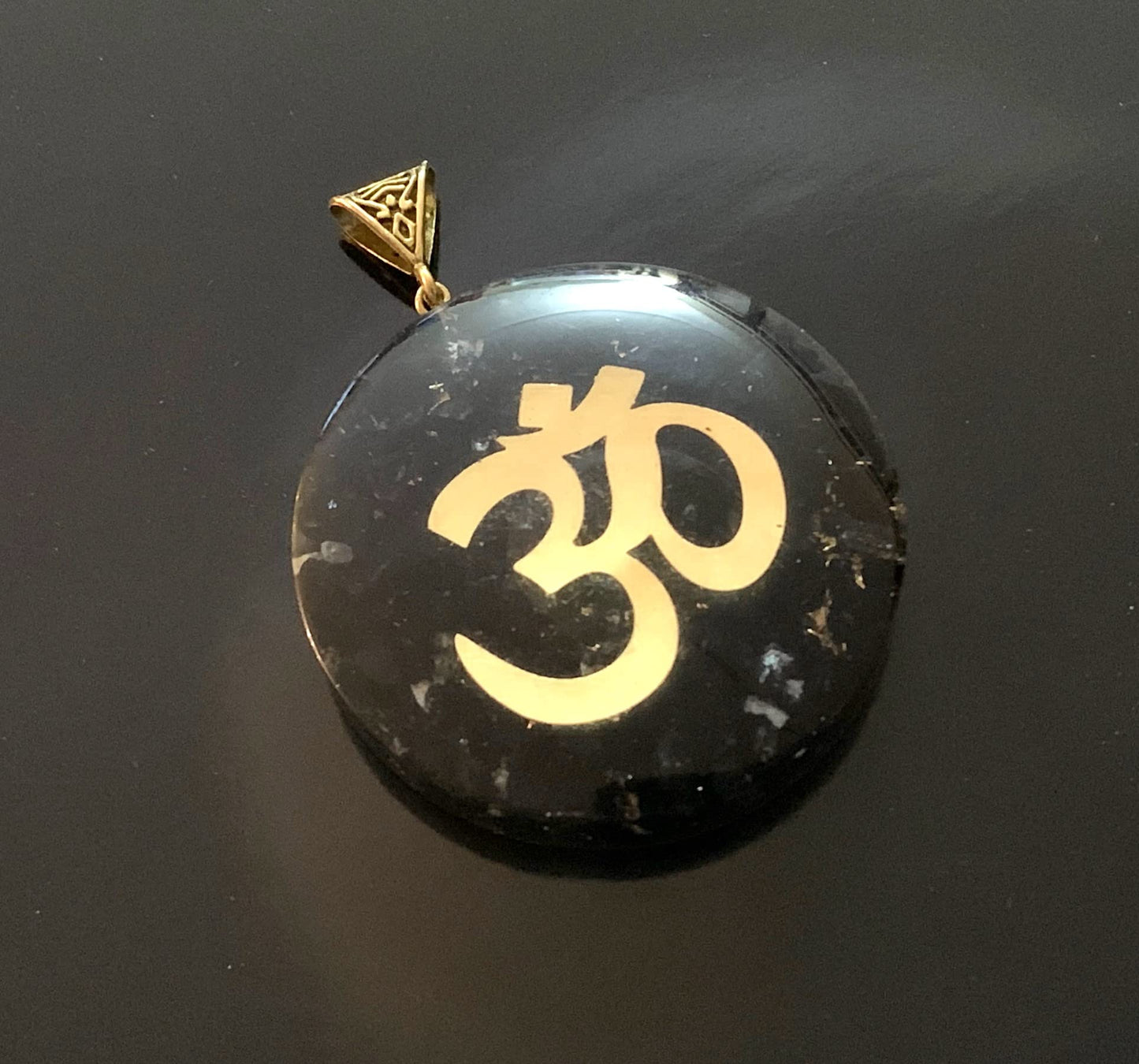 Shungite Om Symbol Orgone Pendant Necklace, 2 Inch Diameter, Aquarius Gemstone, Root & Crown Chakra