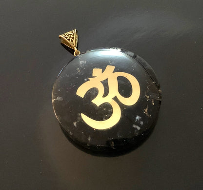 Shungite Om Symbol Orgone Pendant Necklace, 2 Inch Diameter, Aquarius Gemstone, Root & Crown Chakra