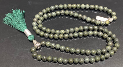 Handmade Om Serpentine Mala Necklace | Zinc Alloy Om Mani Padme Hum Guru | 8mm 108 Mala Beads | Heart Chakra | May Birthstone Energy | Ethically Sourced