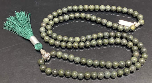Handmade Om Serpentine Mala Necklace | Zinc Alloy Om Mani Padme Hum Guru | 8mm 108 Mala Beads | Heart Chakra | May Birthstone Energy | Ethically Sourced