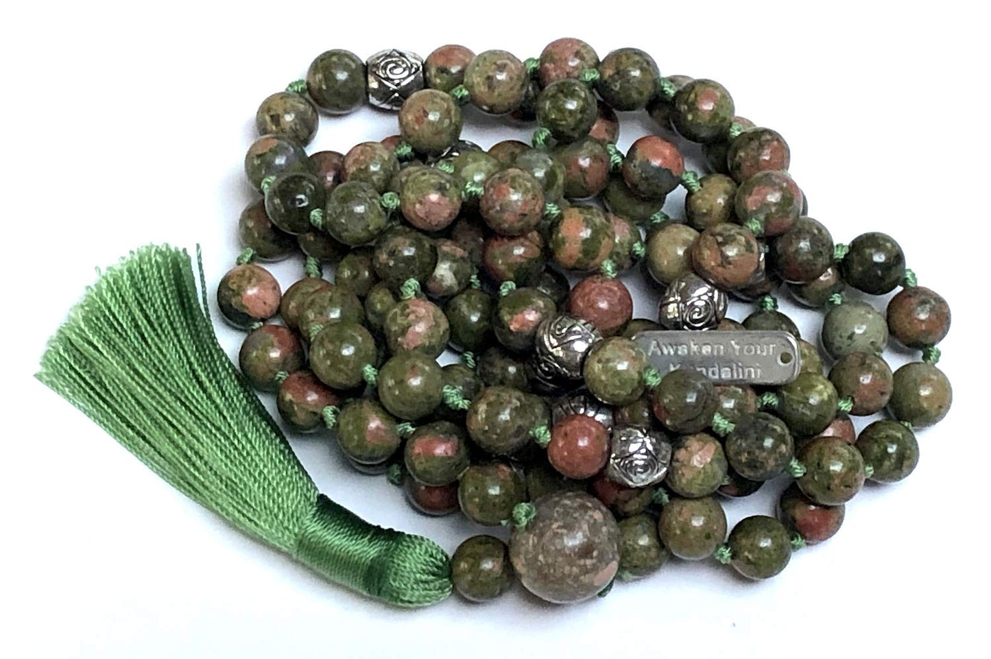 Hand Knotted Unakite Mala Necklace - 8mm, 108 Beads with Zinc Alloy Spacers - Scorpio & Virgo Birthstone - Heart Chakra