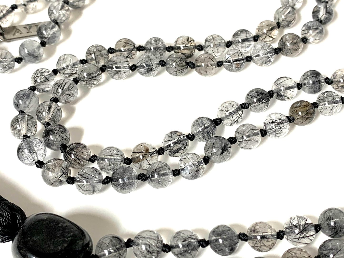 AAA Grade Rutilated Quartz Mala Necklace with Black Tourmaline Guru Bead – Hand-knotted 8mm 108 Beads | Crown & Root Chakras | April Birthstone Energy | Ethically Sourced