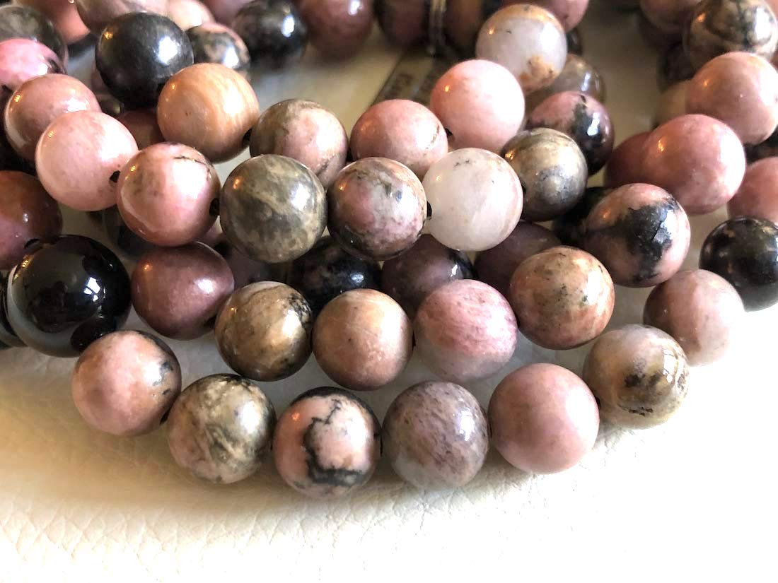 Crystal Mala Beads Necklace Reiki Healing Gem Stones Blessed & Energized Handmade 108 Buddhist Prayer Beads Buddha Beaded Necklaces Yoga Meditation Jewelry - w/ Velvet Pouch ( Rhodonite, 8 mm )
