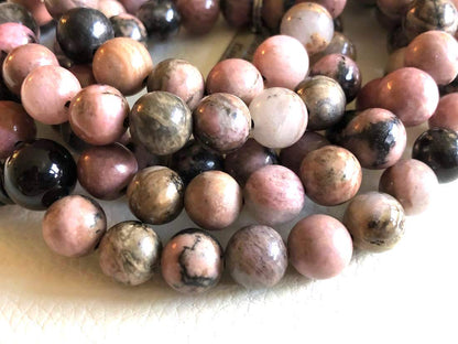 Crystal Mala Beads Necklace Reiki Healing Gem Stones Blessed & Energized Handmade 108 Buddhist Prayer Beads Buddha Beaded Necklaces Yoga Meditation Jewelry - w/ Velvet Pouch ( Rhodonite, 8 mm )