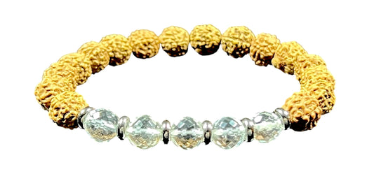 5 Mukhi (five faces) Chikna Rudraksha and Crystal Quartz Stretch Bracelet | Birthstone for April, Taurus Sun Sign | Crown Chakra (Wrist Size 6.5 Inches)