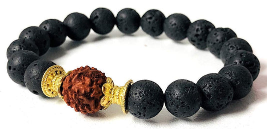 VULCAN Lava & 7 Mukhi Rudraksha Bracelet | 10mm Stretch | Grounding & Abundance