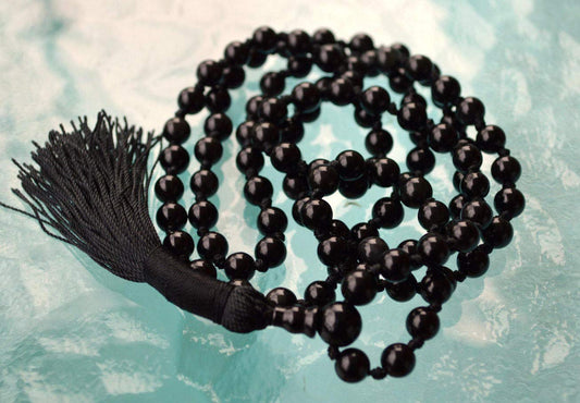 VESTA Black Tourmaline Mala Necklace | 108 Hand-Knotted 8mm Beads for Grounding & Energy Protection | Root Chakra Healing | Capricorn Birthstone | Handmade in USA