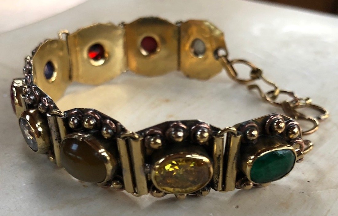 Navratan Navratna Wrist Band Bracelet - 9 Planets Healing Gemstone Navaratna Lucky Charm Amulet for Malefic Planetary Effects (Cuff Link Bracelet Approx. L8"xW.75" Inch Adjustable)