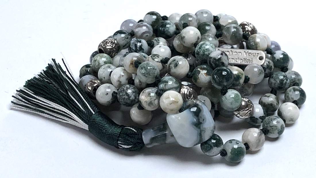 Certified Energized Mala Beads Necklace with COA - Chakra Mala - Japa Mala - 8mm 108 Buddhist Prayer Beads - Meditation Mala - Tassel Necklace – Zodiac/Sun Sign stones (Green Tree Agate)