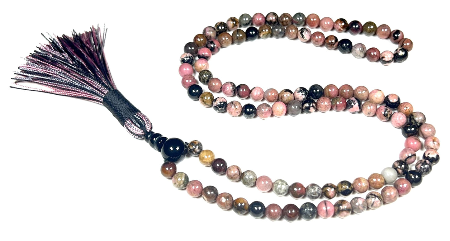 Rhodonite Mala Beads Necklace with Black Onyx Guru Bead – 108 Beads – 6mm & 8mm – Heart Chakra & Gemini Birthstone – Meditation Jewelry