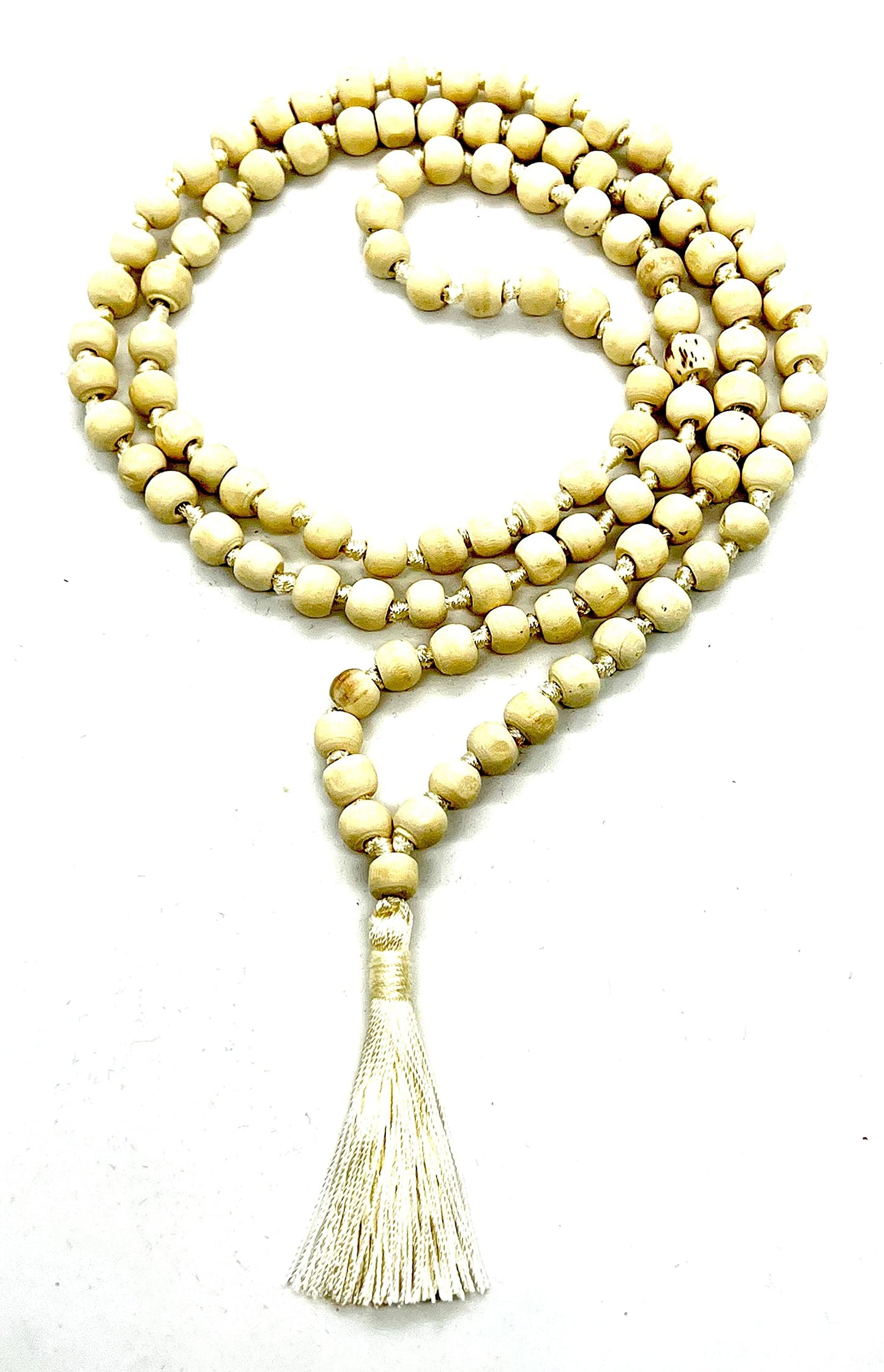 Tulsi Mala Beaded Necklace - Hand Knotted Tulasi Beads - 7 Chakra Mala (White String)