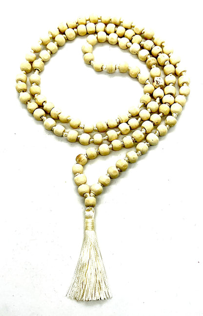 Tulsi Mala Beaded Necklace - Hand Knotted Tulasi Beads - 7 Chakra Mala (White String)