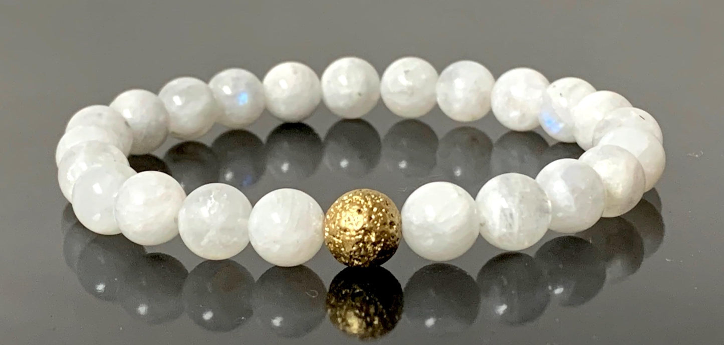 Moonstone And Lava Stretch Bracelet - Cancer Birthstone - Sacral & Crown Chakra Jewelry