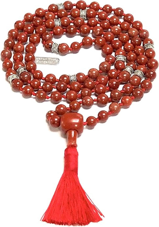Certified Energized Mala Beads Necklace with COA - Chakra Mala - Japa Mala - 8mm 108 Buddhist Prayer Beads - Meditation Mala - Tassel Necklace – Zodiac/Sun Sign stones (Red Jasper)
