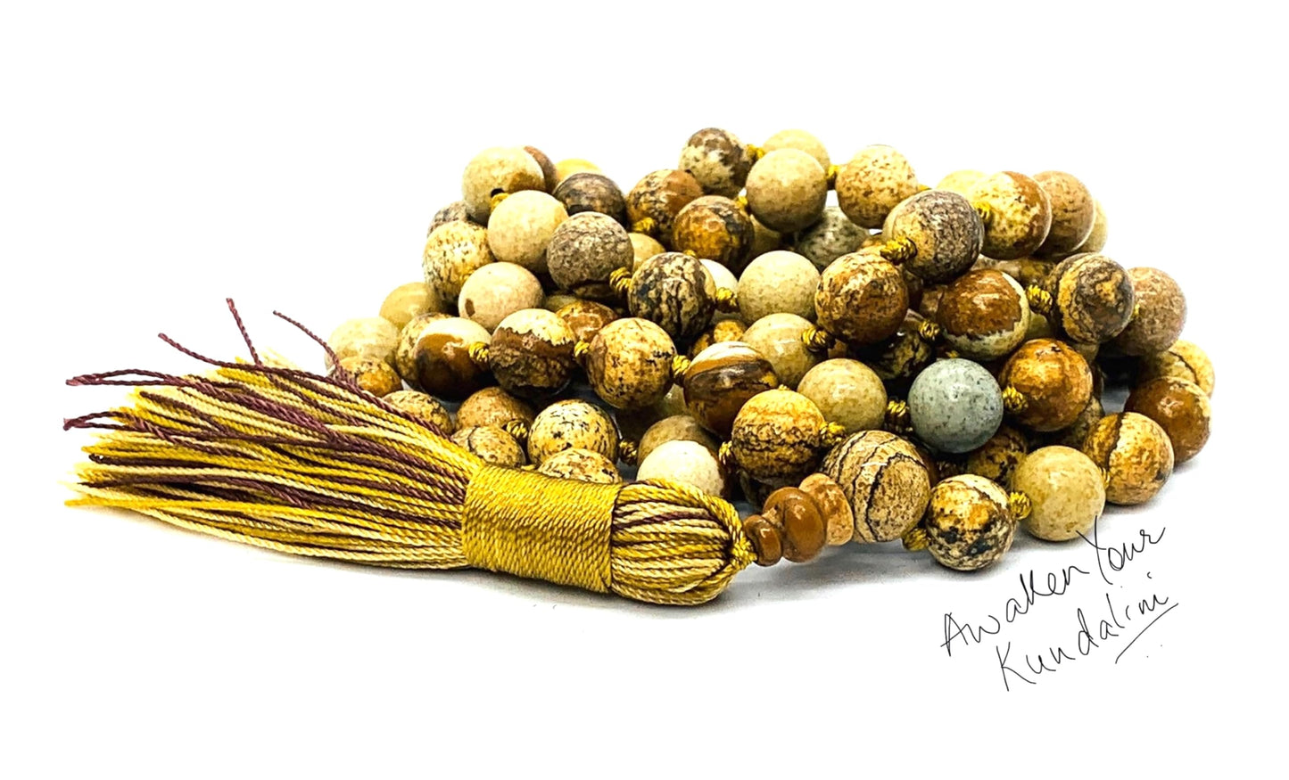 Hand-Knotted Picture Jasper Mala Beads Necklace – 8mm 108 Beads – Root Chakra & Virgo Birthstone – Meditation Jewelry