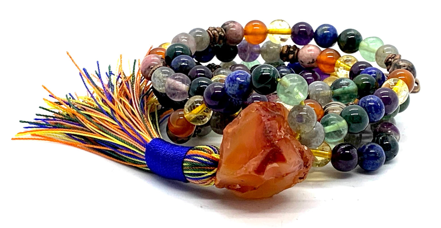 Handmade Protective Aura Mala Beads Necklace – 8mm 108 Beads | Solar Plexus, Third Eye & Heart Chakras | Universal Birthstone Energy | Ethically Sourced